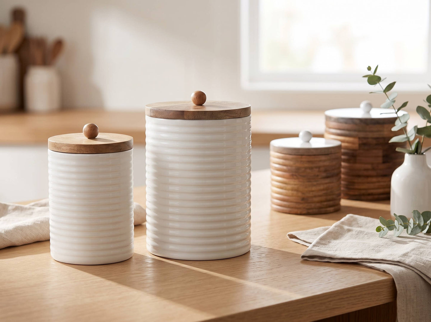Mango Wood Tall Canister Set of 2 with White Lid