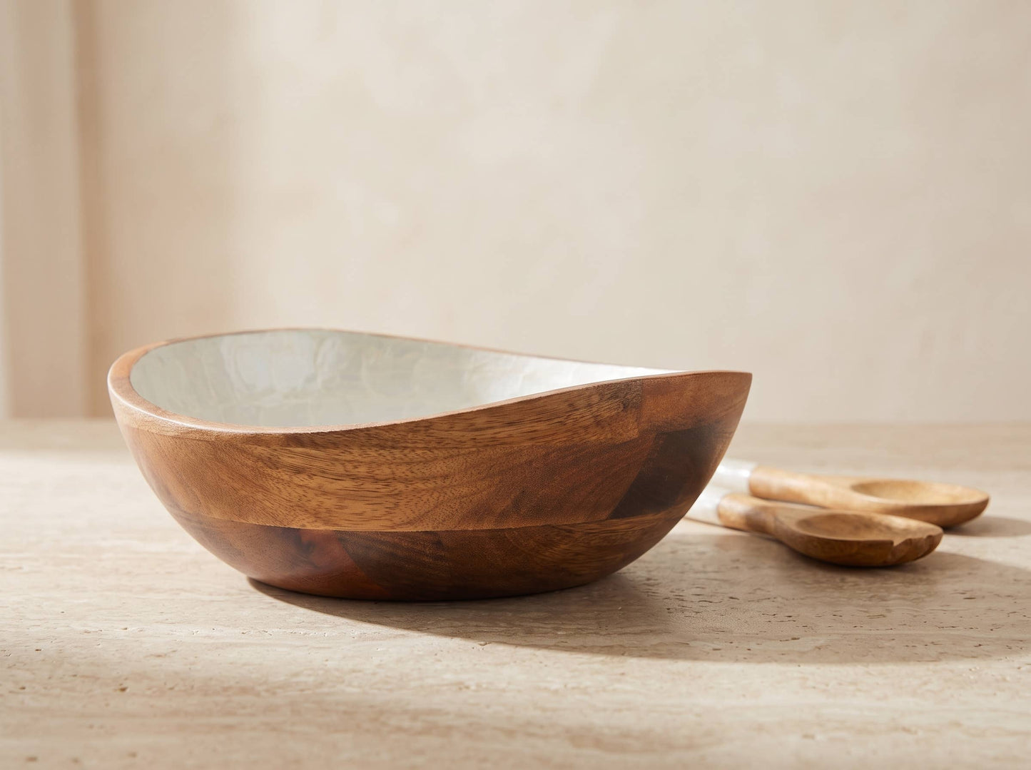 Wooden Serving Bowl and Servers with Pearl Enamel