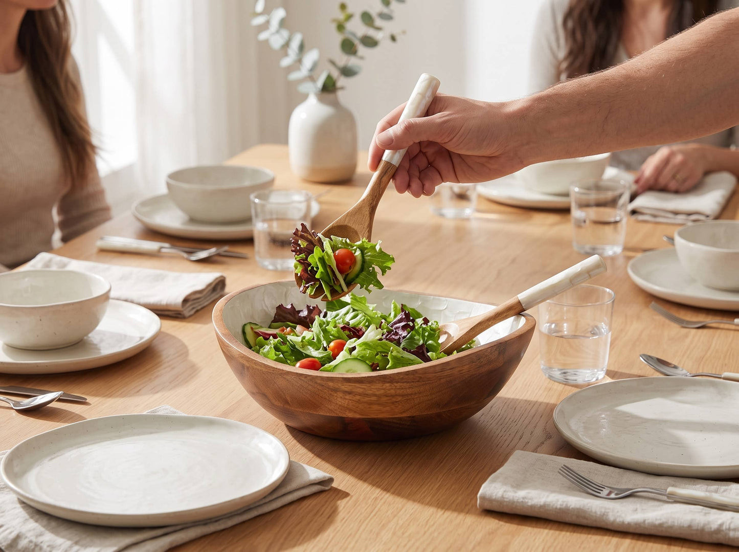Wooden Serving Bowl and Servers with Pearl Enamel