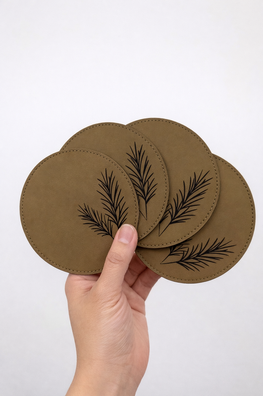 Vegan Leather Coaster – Pine Sprigs, Round