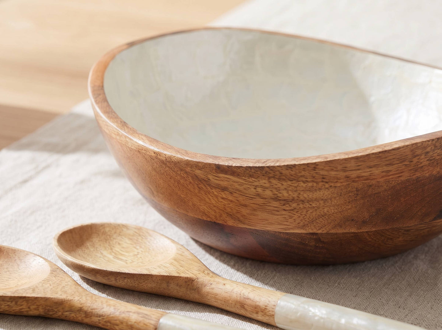 Wooden Serving Bowl and Servers with Pearl Enamel