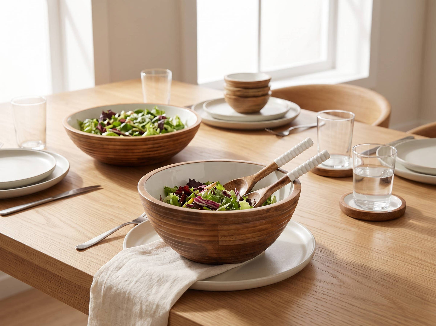 Salad Bowl and Servers with White Enamel