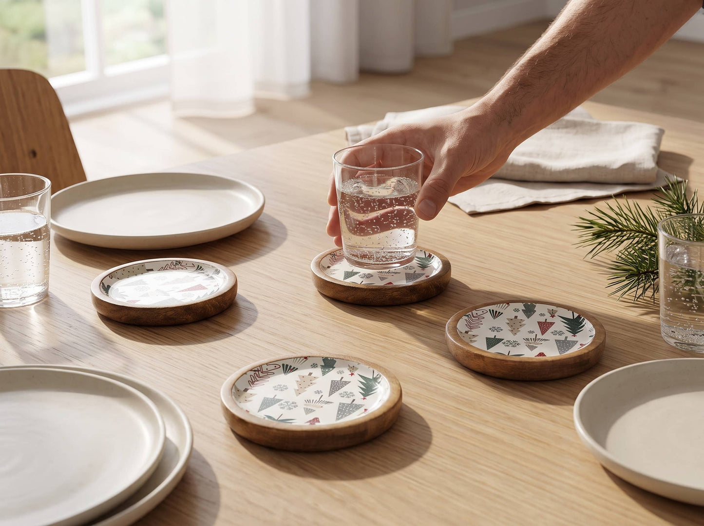 Mango Wood Christmas Coasters Set of 4 with Enamel