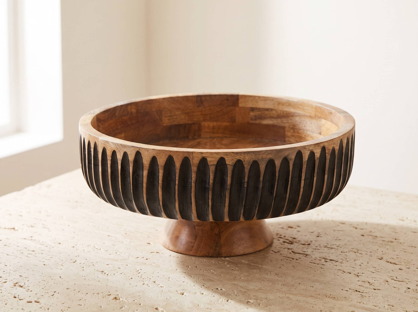 Large Wooden Flat Bowl with Black Lines