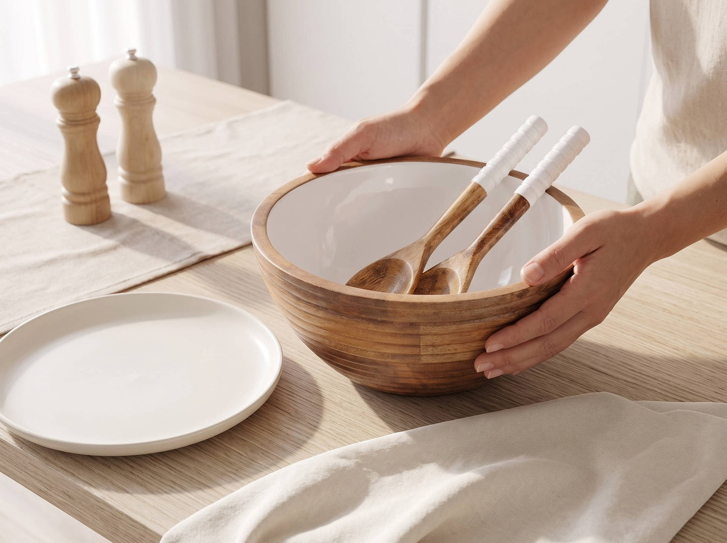 Salad Bowl and Servers with White Enamel