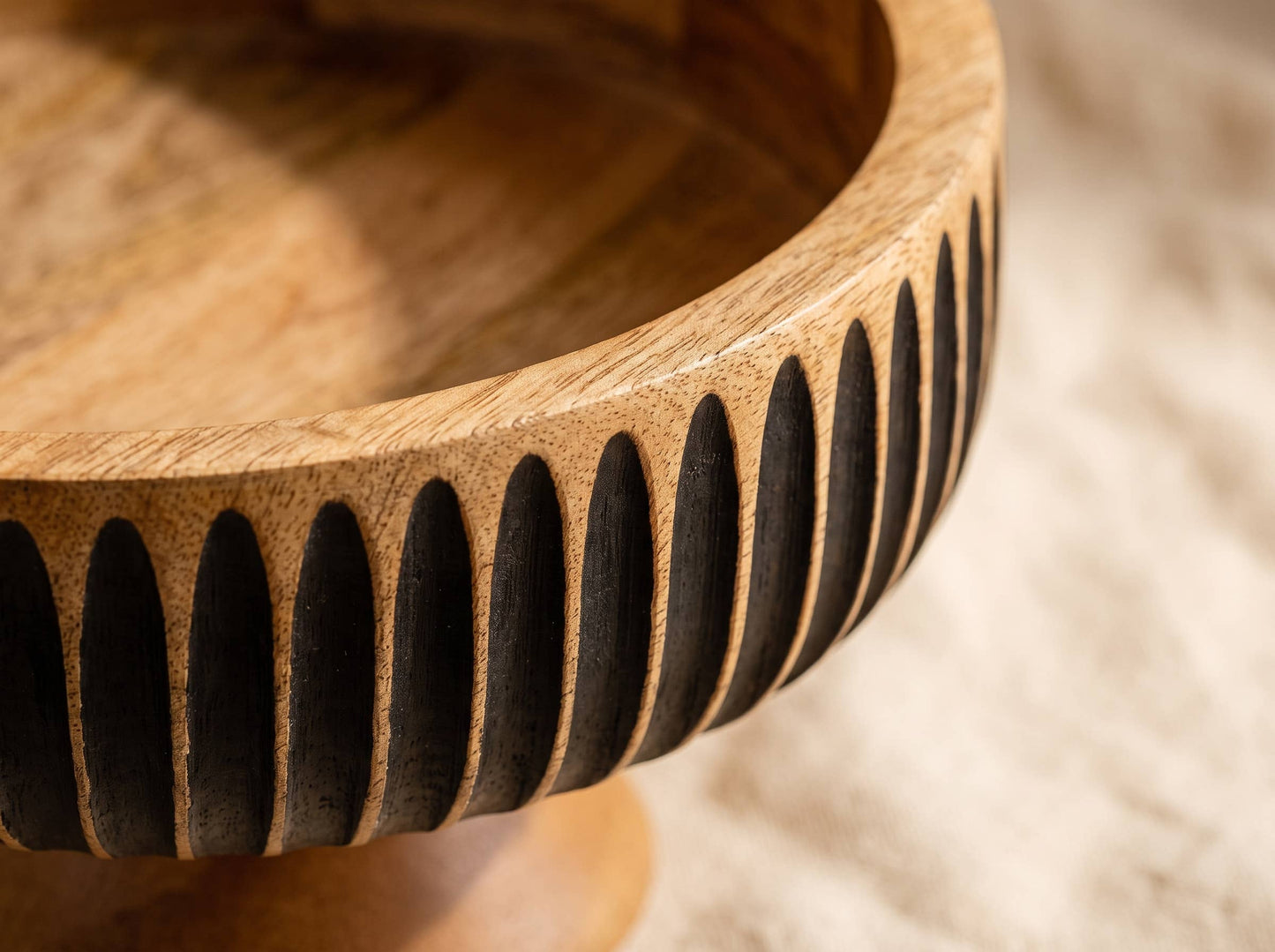 Large Wooden Flat Bowl with Black Lines