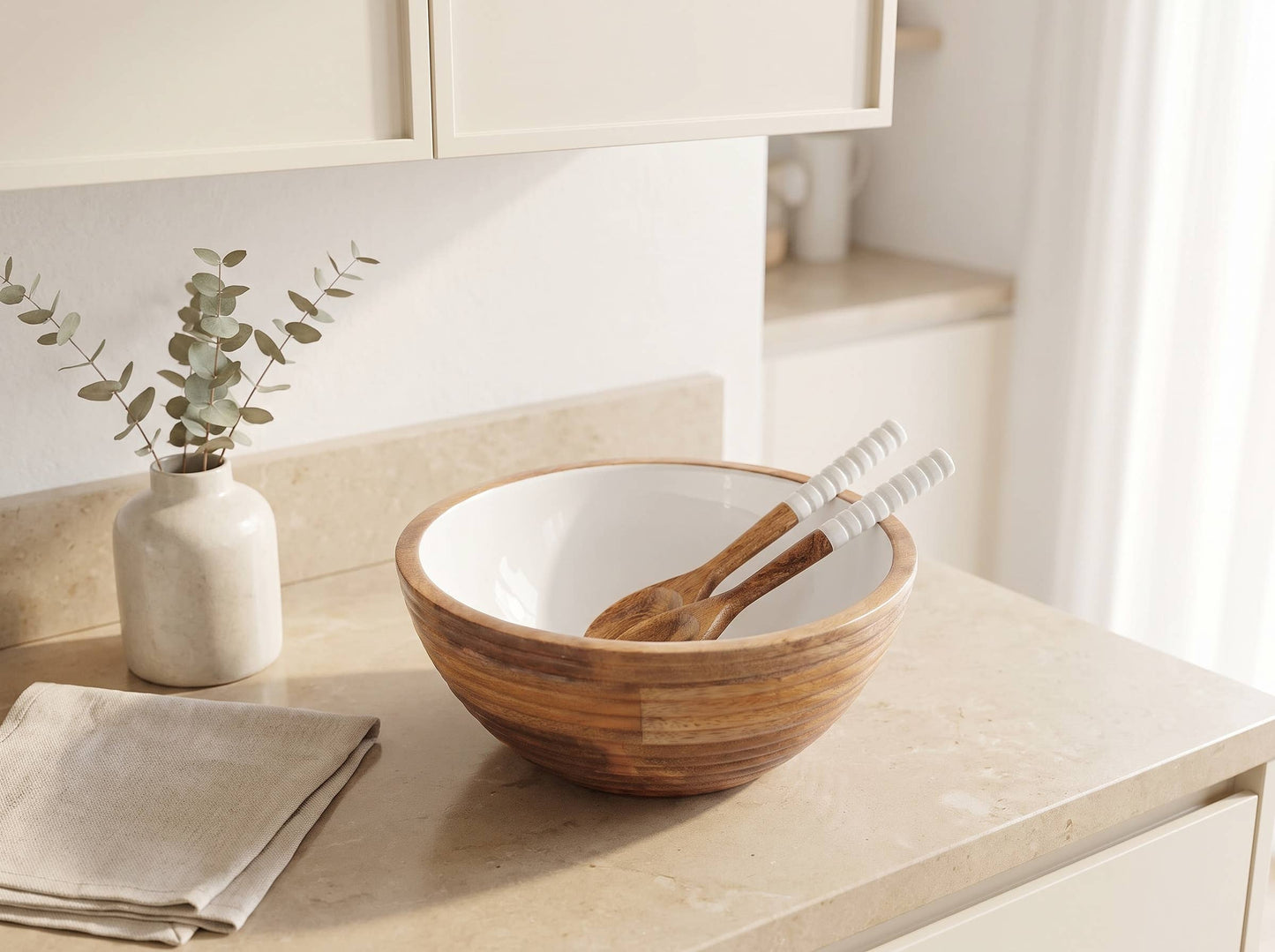 Salad Bowl and Servers with White Enamel