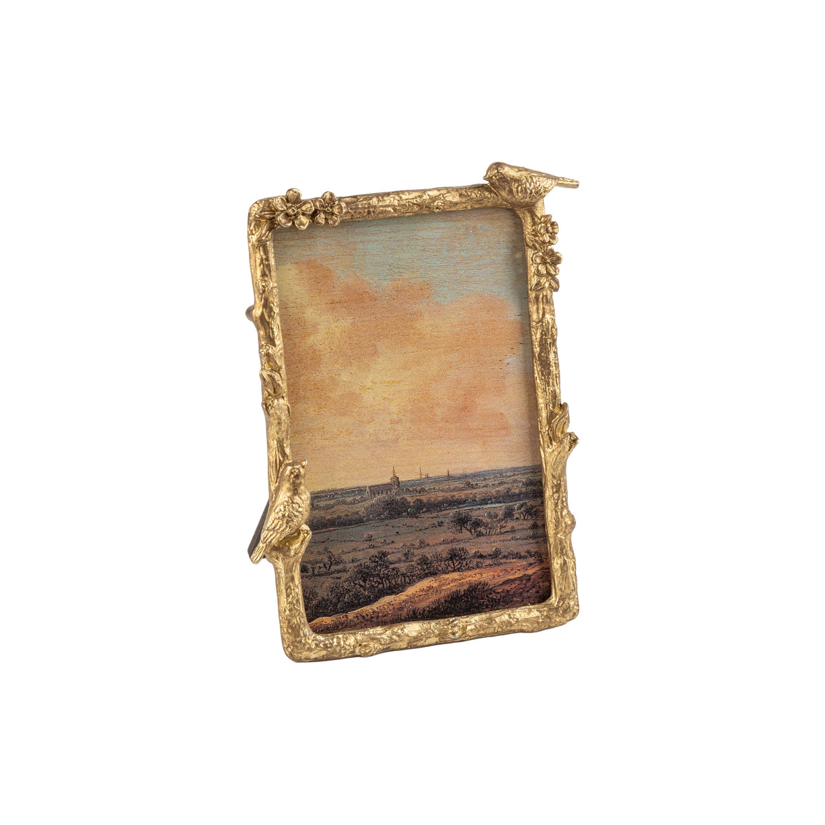 A01089:Gold cast pewter frame branch,bird,flower 5x7 in