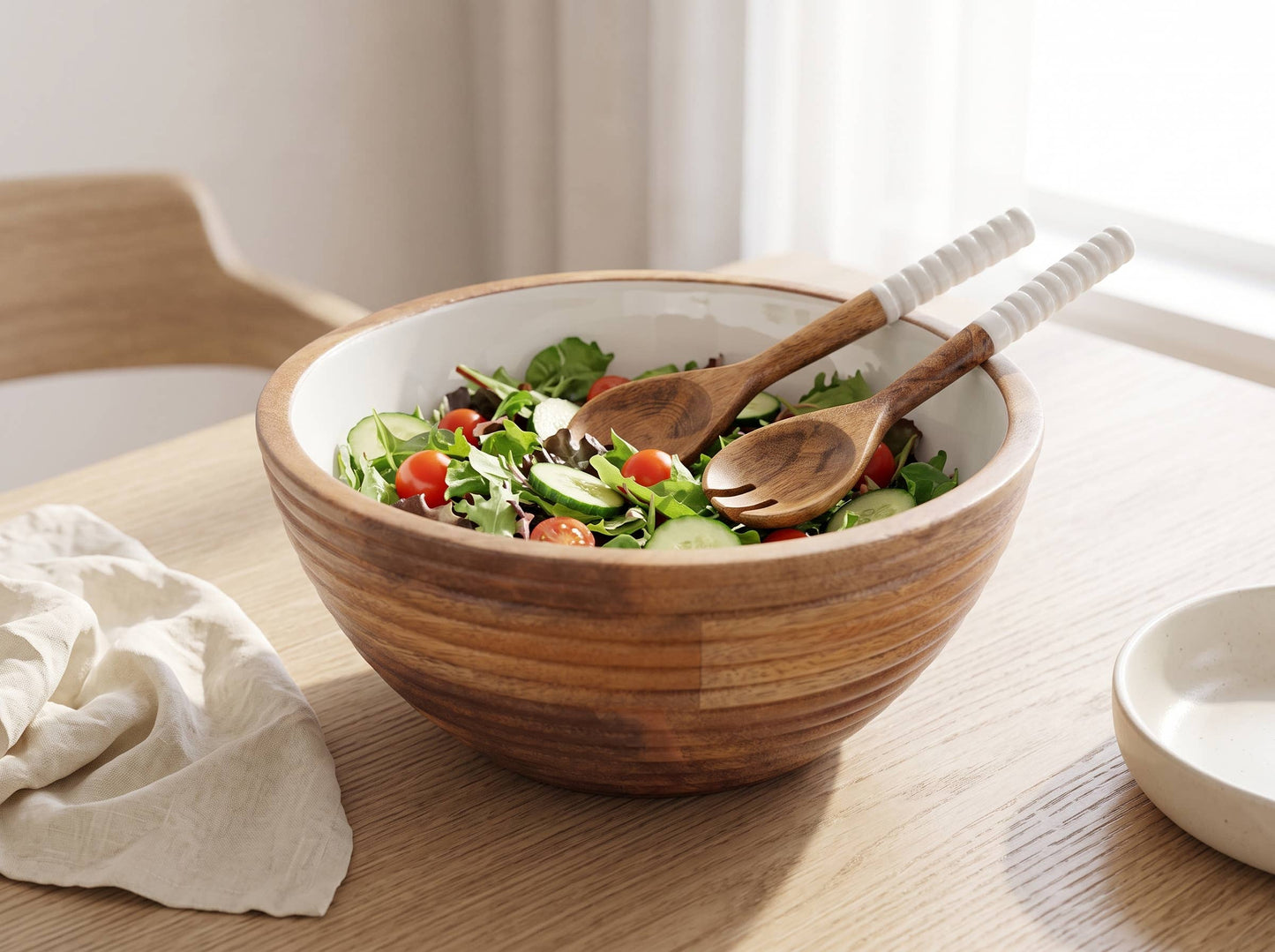 Salad Bowl and Servers with White Enamel