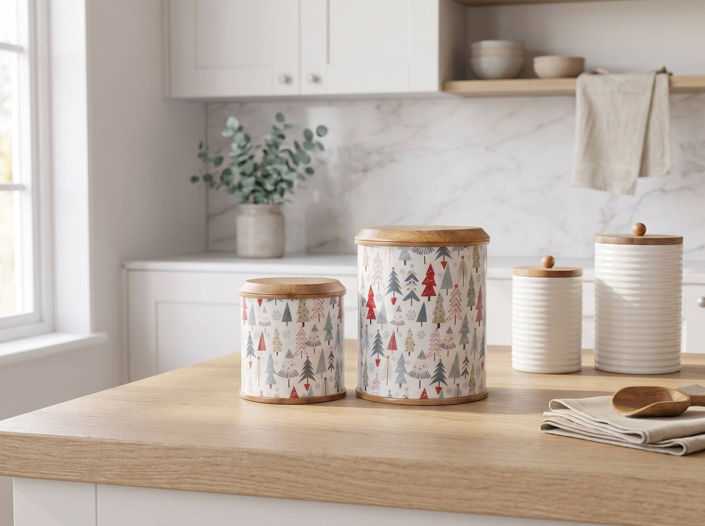 Mango Wood Christmas Canister Set of 2 with Enamel
