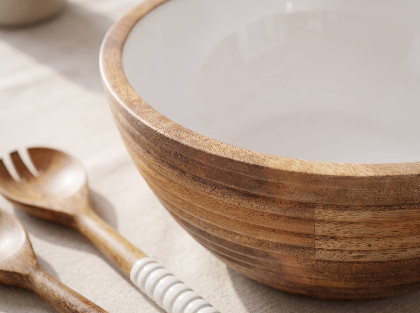 Salad Bowl and Servers with White Enamel