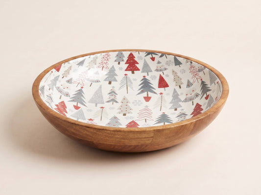 Large Wooden Serving Bowl with Holiday Enamel