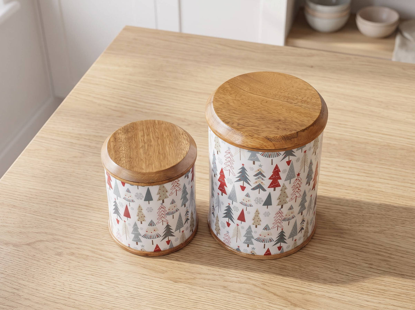 Mango Wood Christmas Canister Set of 2 with Enamel