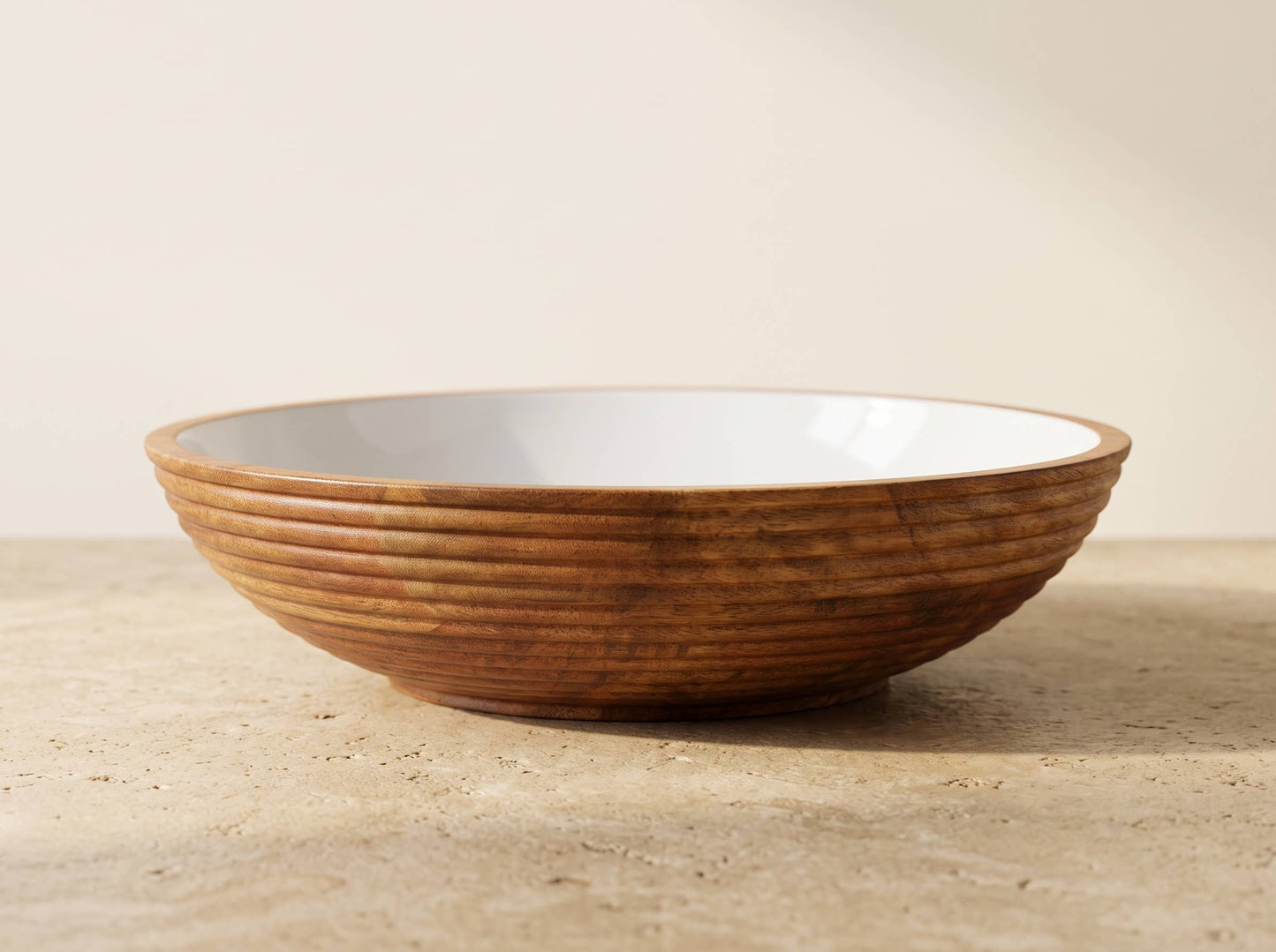 Large Wooden Salad Bowl with White Enamel