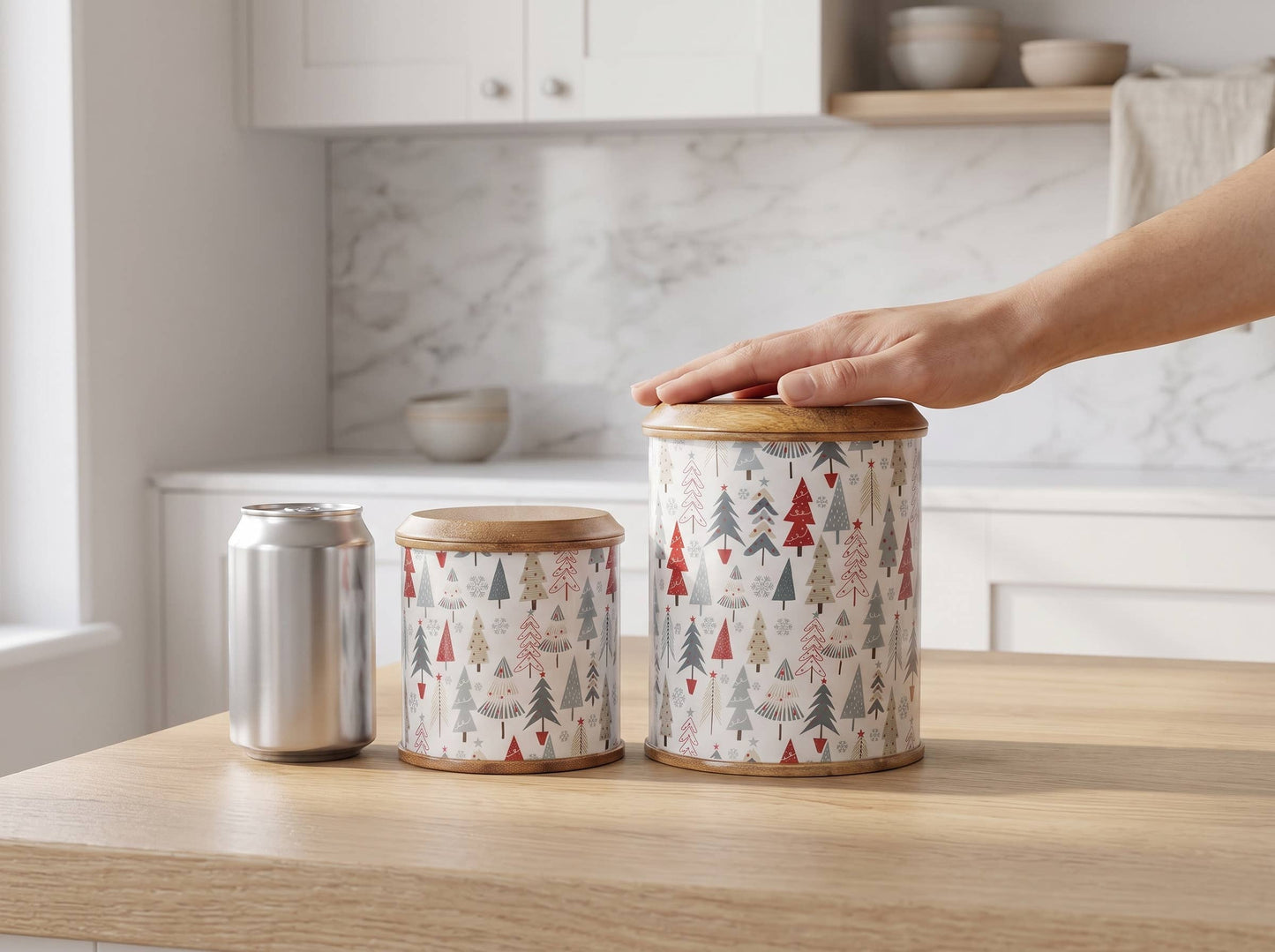 Mango Wood Christmas Canister Set of 2 with Enamel