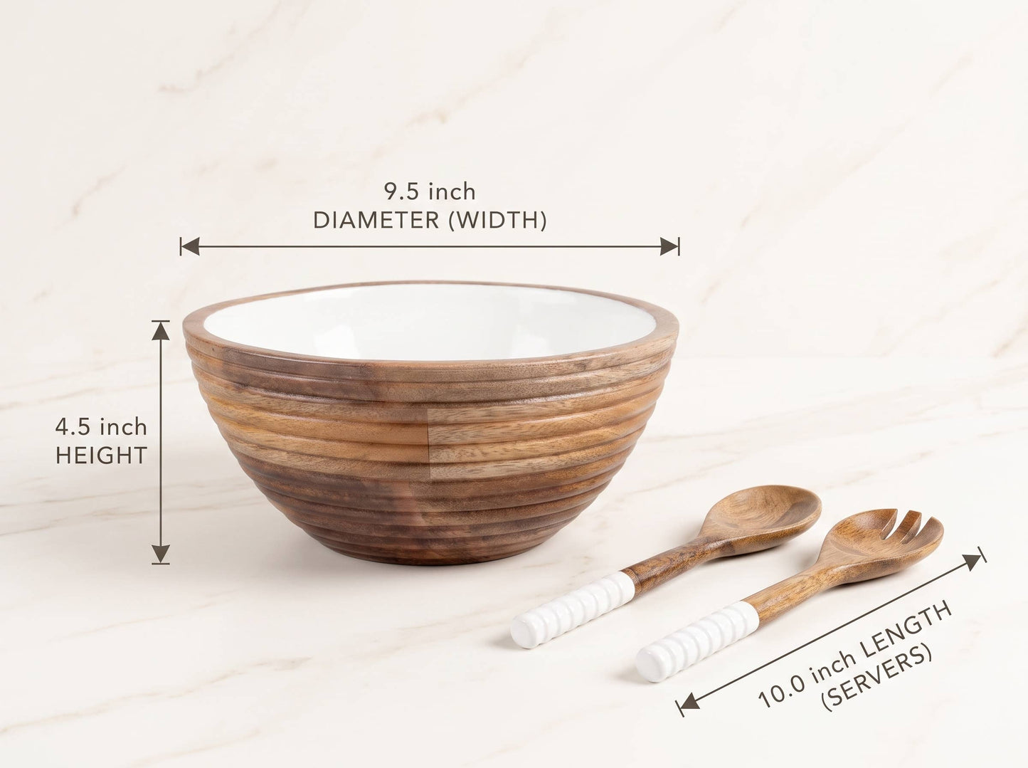Salad Bowl and Servers with White Enamel