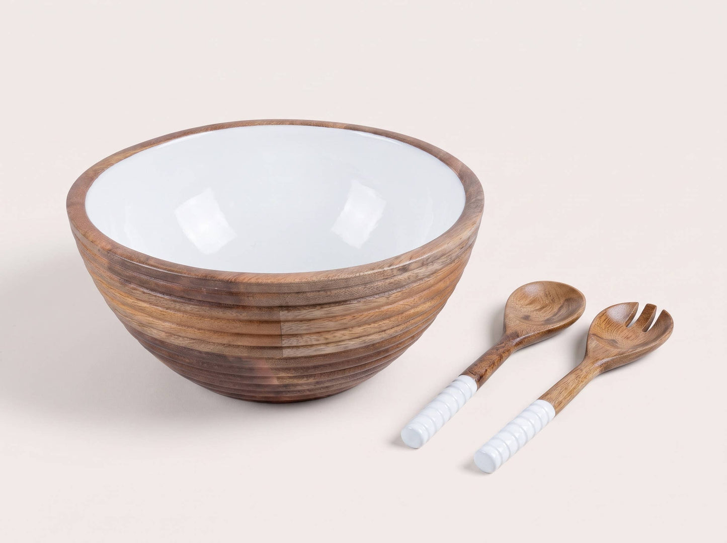 Salad Bowl and Servers with White Enamel