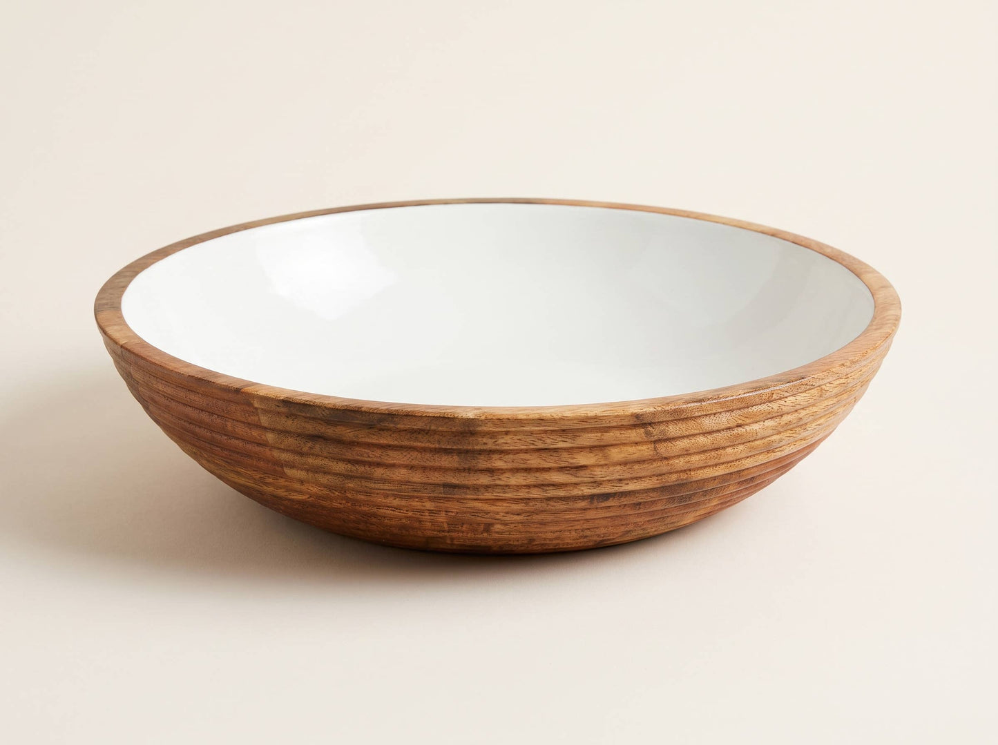 Large Wooden Salad Bowl with White Enamel