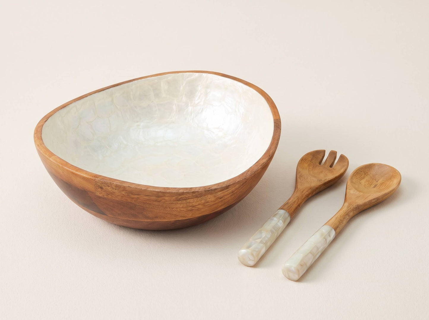 Wooden Serving Bowl and Servers with Pearl Enamel