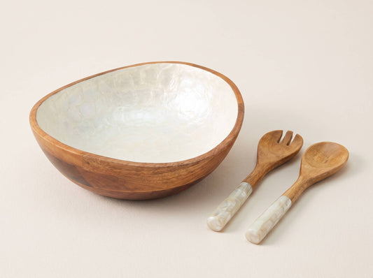 Wooden Serving Bowl and Servers with Pearl Enamel