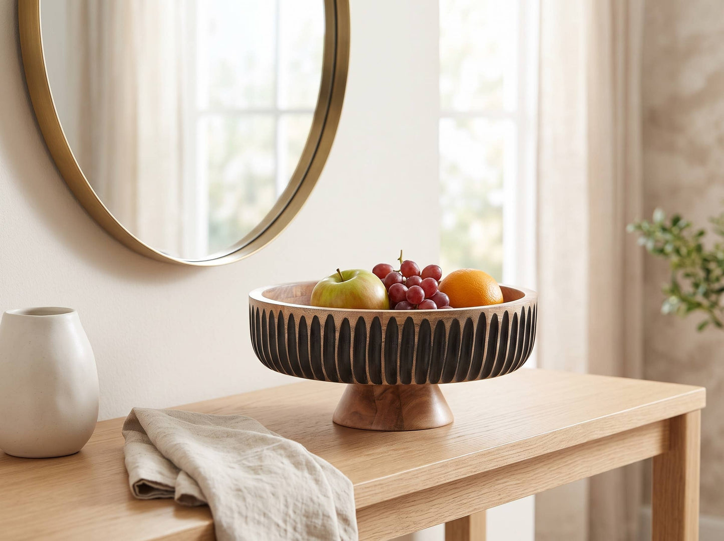 Large Wooden Flat Bowl with Black Lines