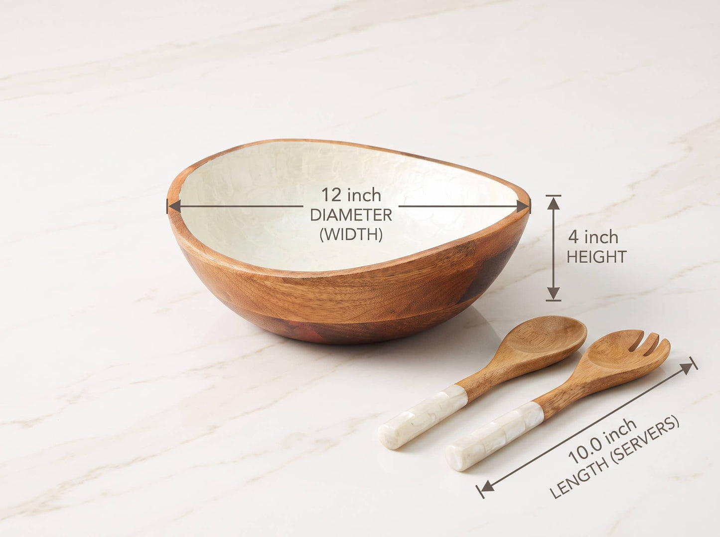Wooden Serving Bowl and Servers with Pearl Enamel