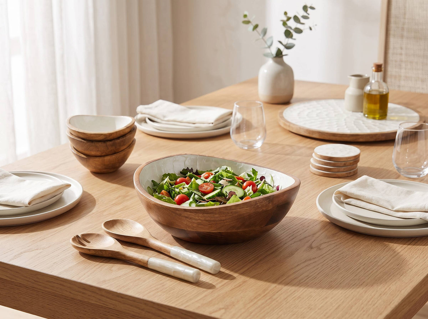 Wooden Serving Bowl and Servers with Pearl Enamel
