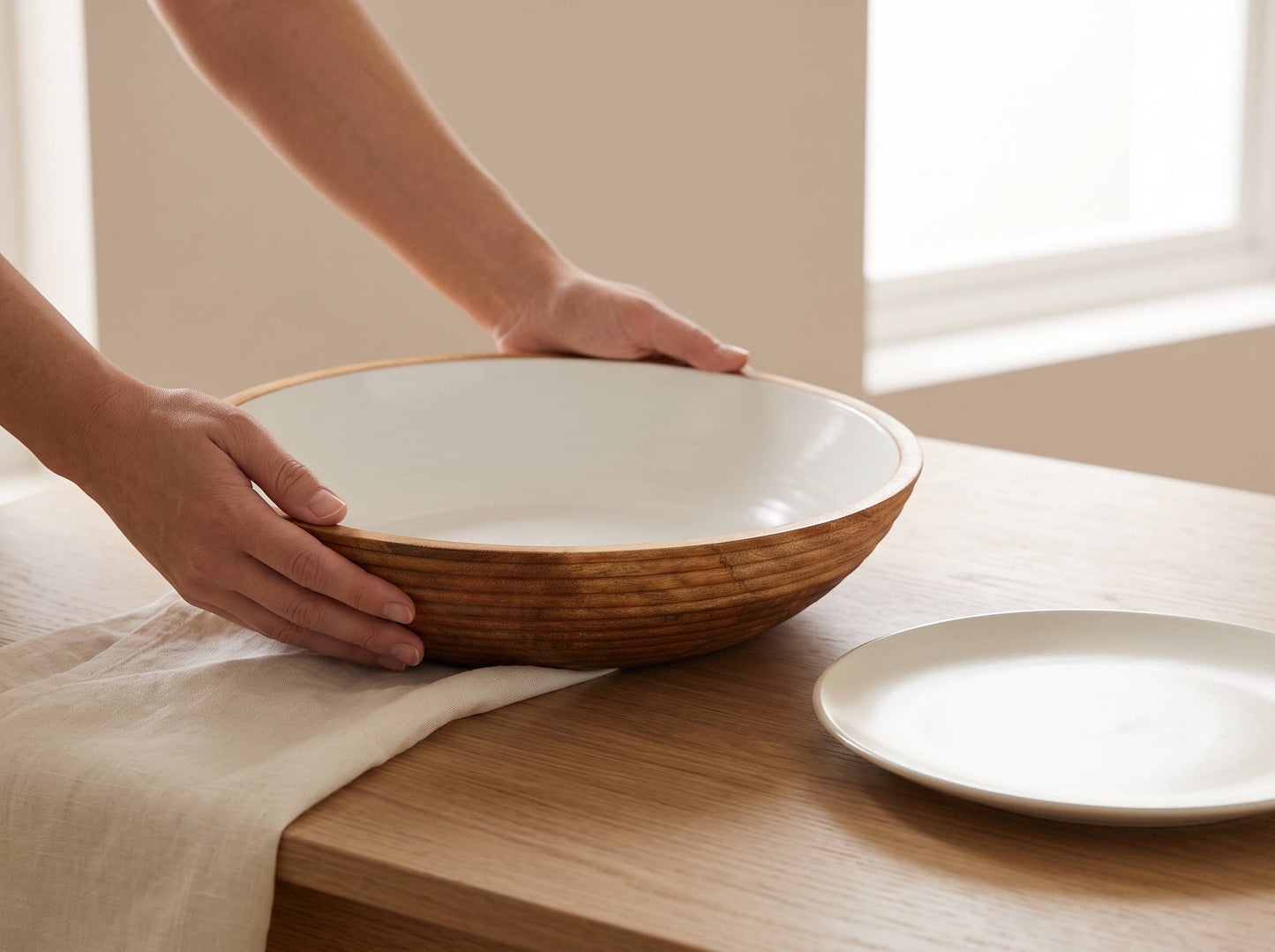 Large Wooden Salad Bowl with White Enamel