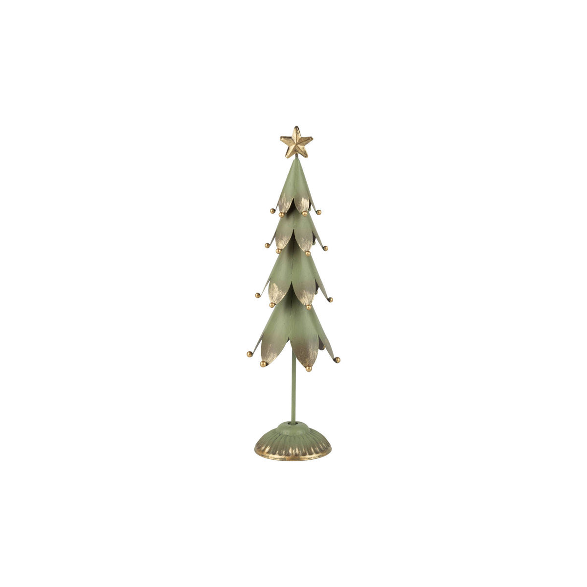 A42156:Painted metal tiered tree table piece,green/gold 1