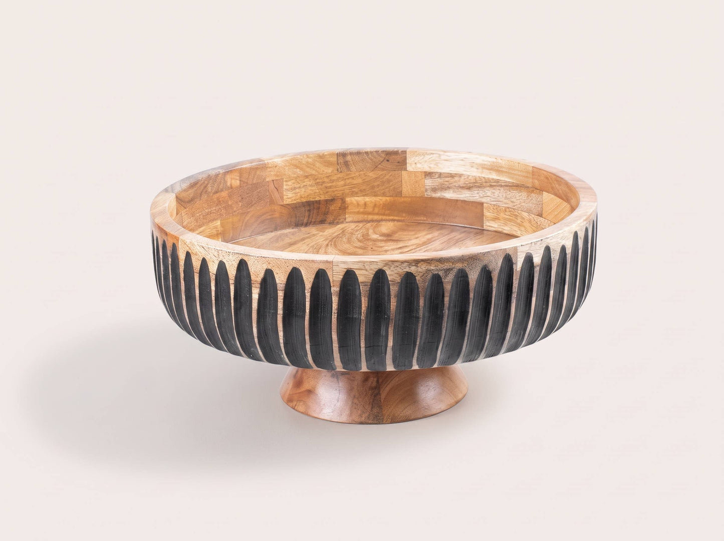 Large Wooden Flat Bowl with Black Lines