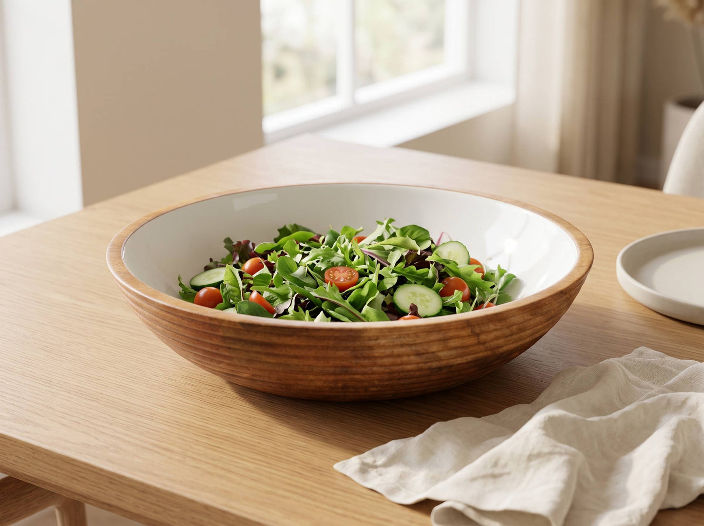 Large Wooden Salad Bowl with White Enamel
