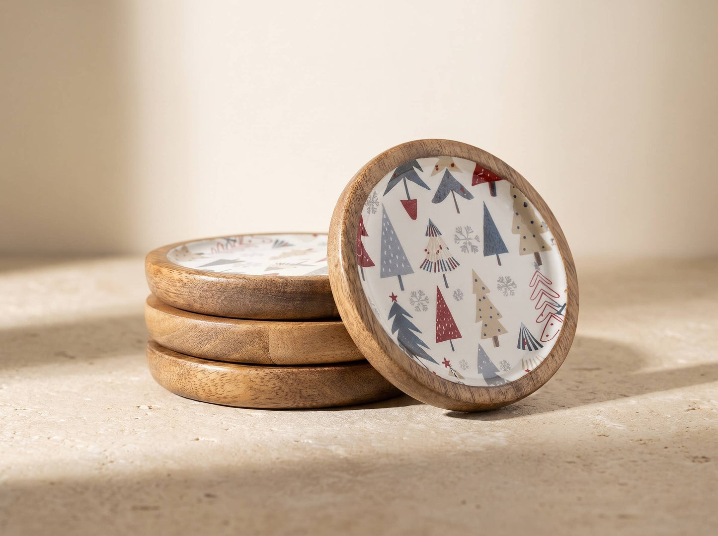 Mango Wood Christmas Coasters Set of 4 with Enamel
