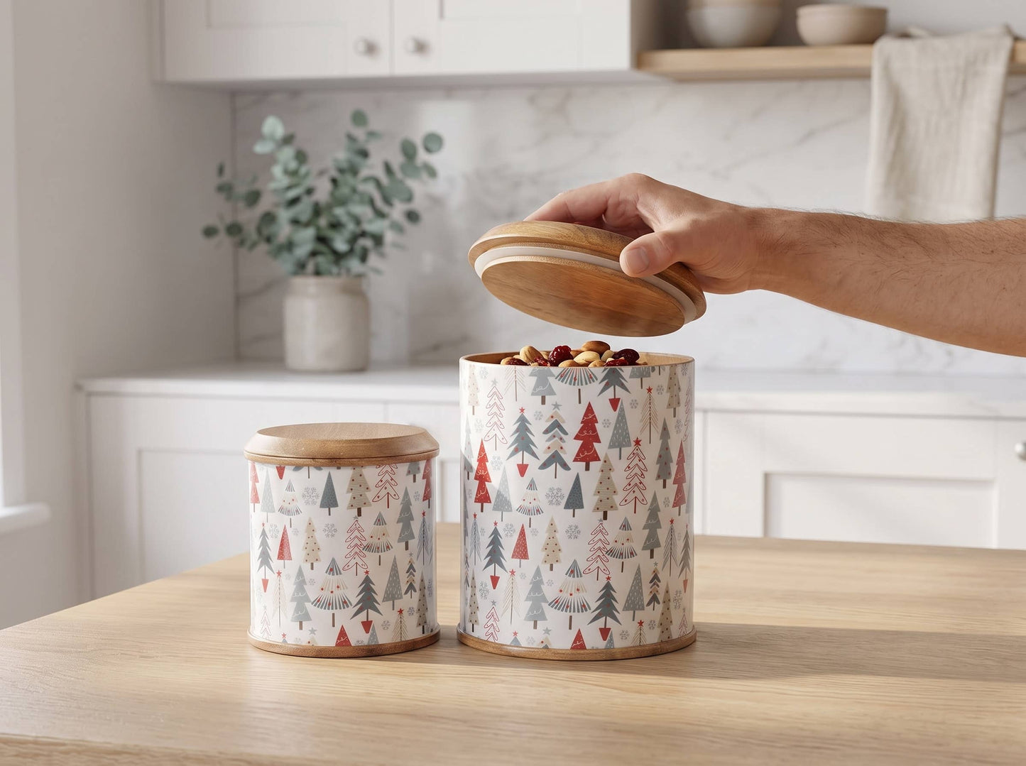 Mango Wood Christmas Canister Set of 2 with Enamel