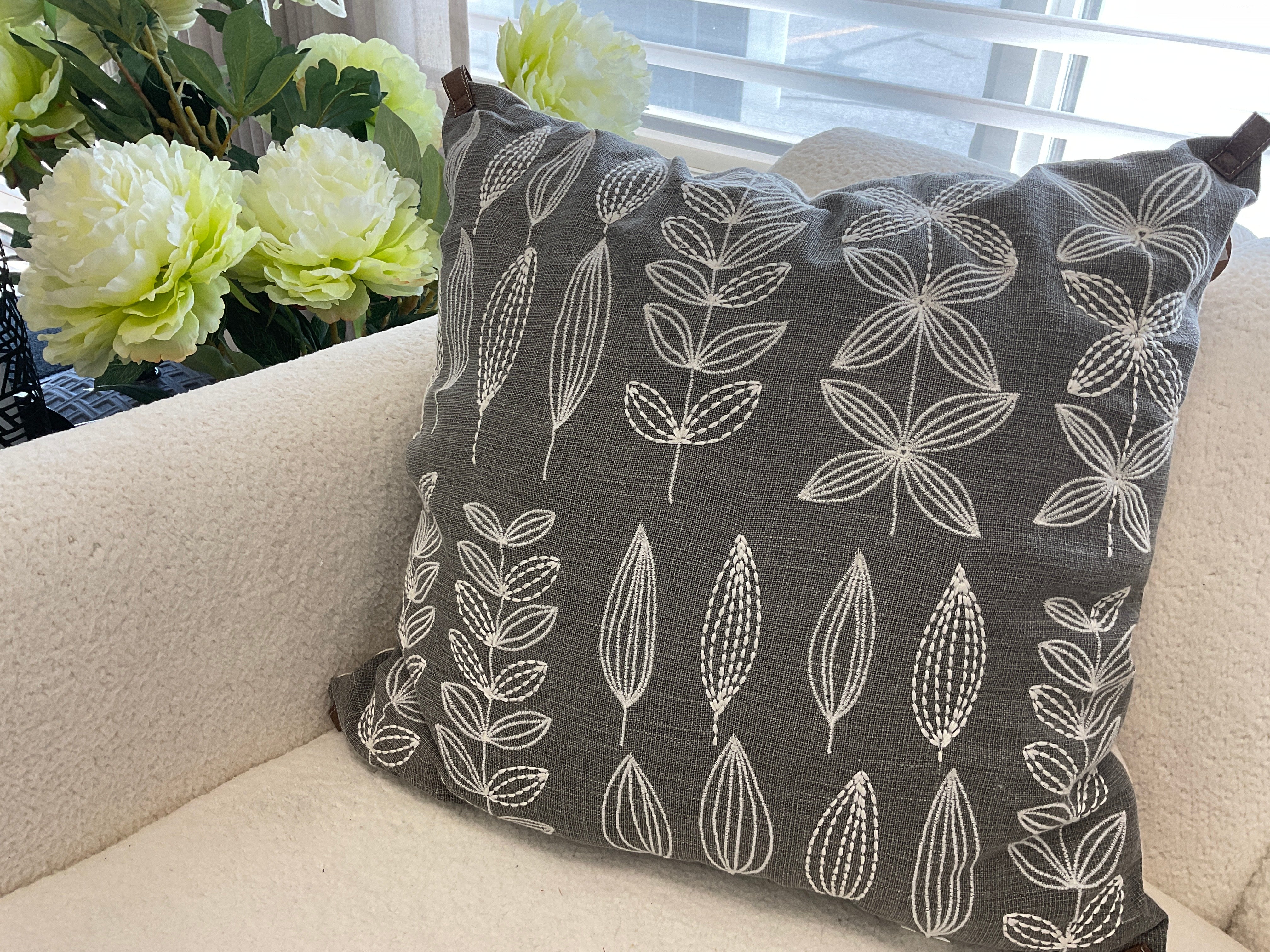 Embroidered Gray Leaf Pillow