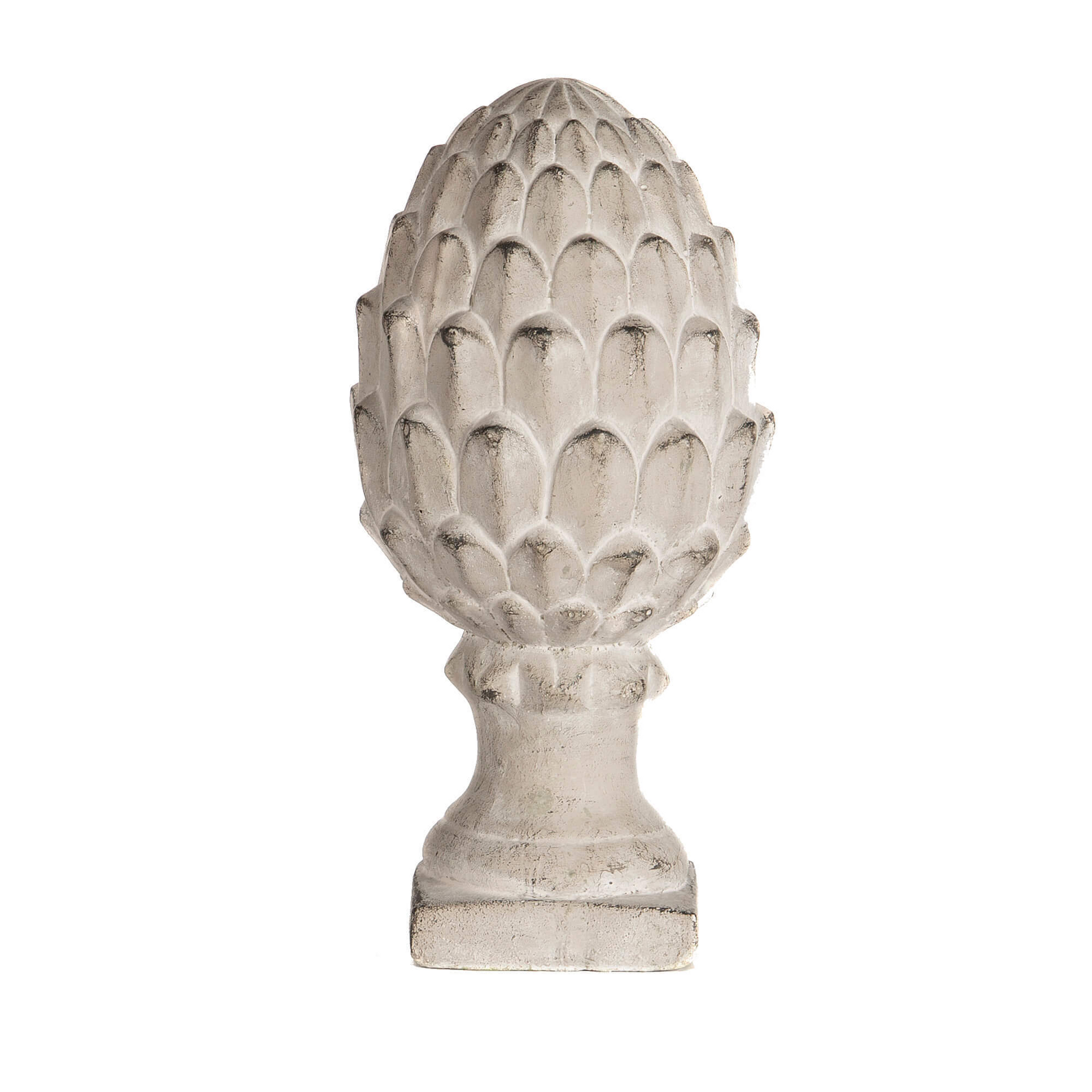 Decorative stone artichoke sculpture on a white background