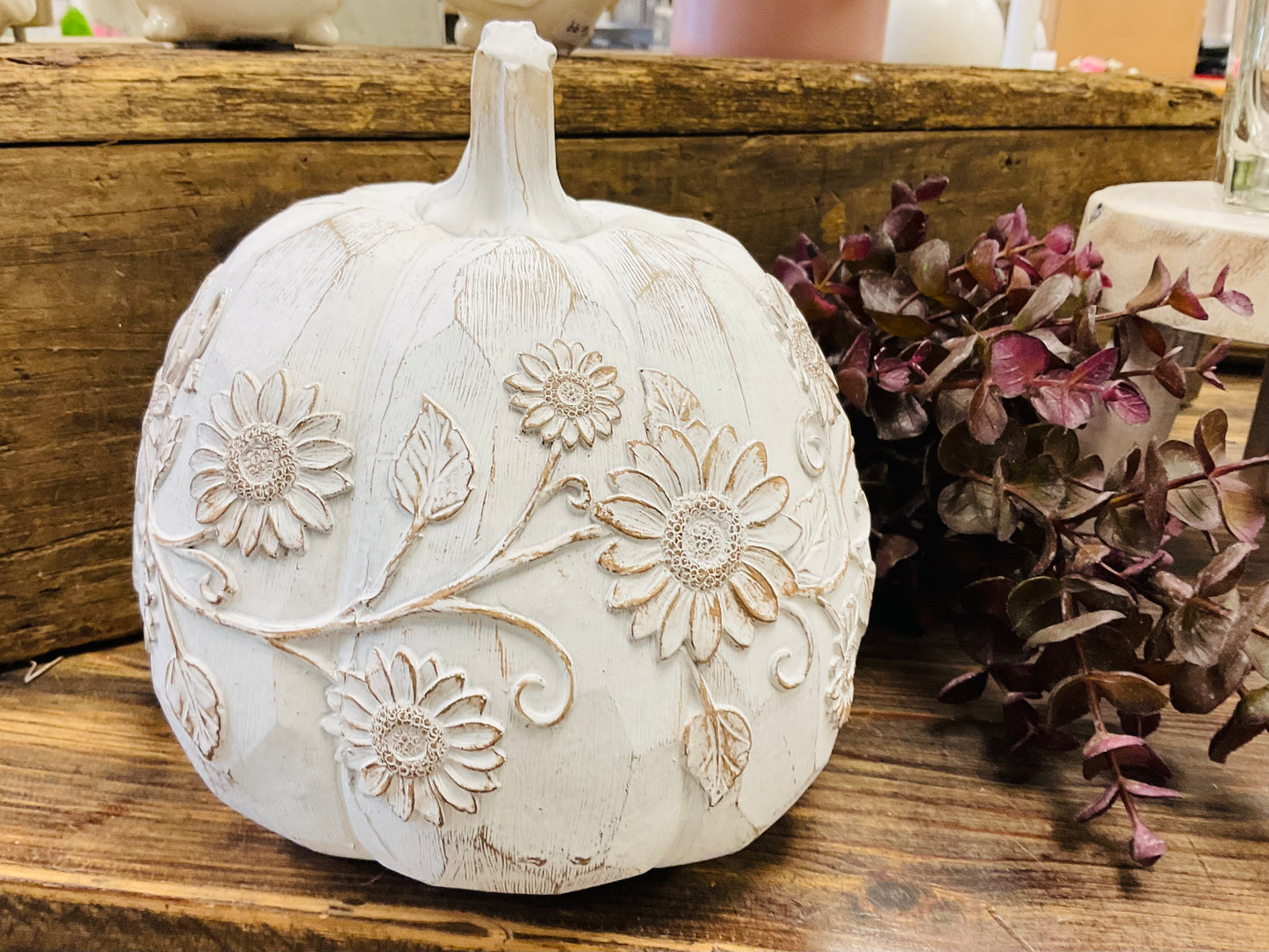 Brushed White Harvest Pumpkins with Design