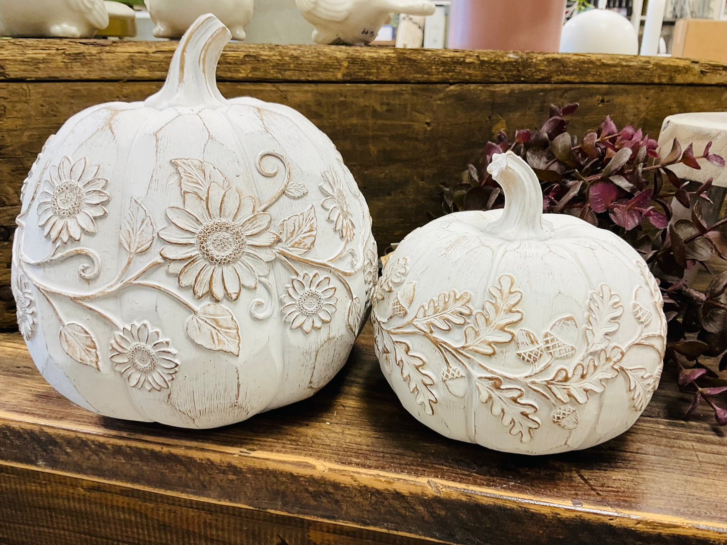 Brushed White Harvest Pumpkins with Design