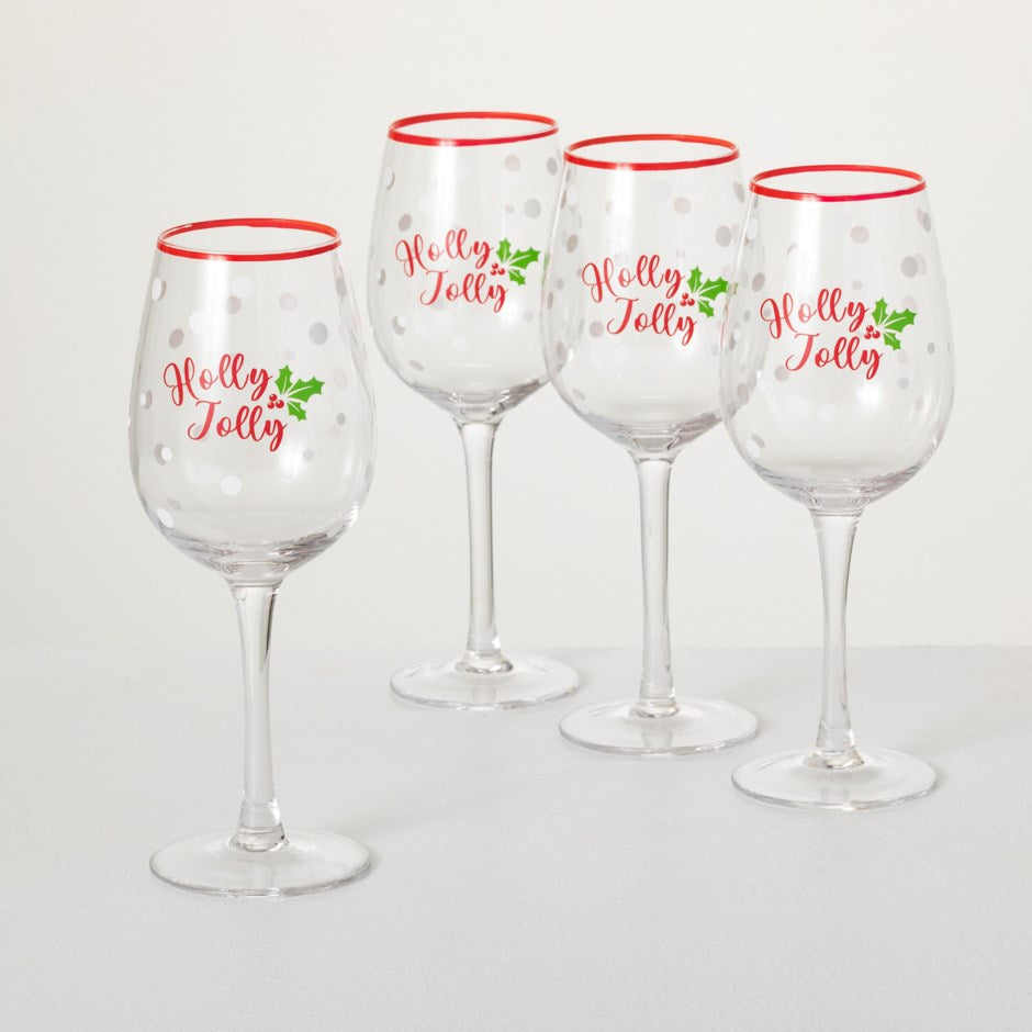 Holly Jolly Wine Glass - Set of 4