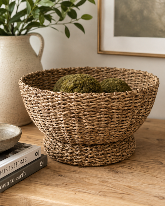 A round woven seagrass bowl with a pedestal base, filled with mossy decorative balls, set on a wooden table in a styled home decor scene.