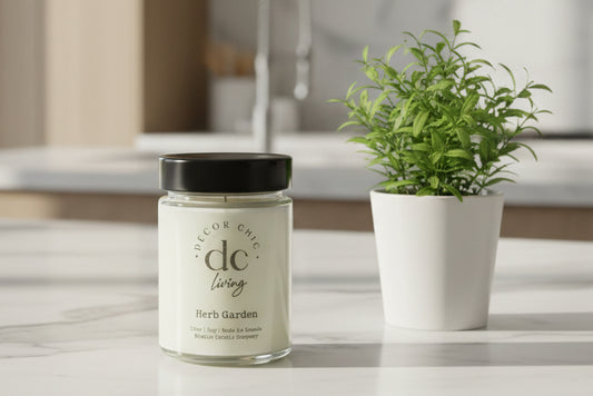 Candles and decorative items on a shelf with a focus on a white candle labeled 'DP'.