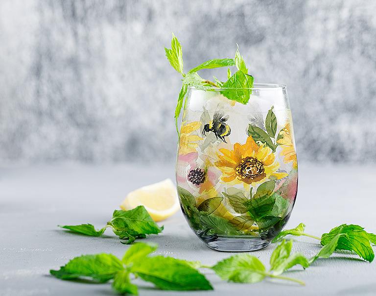 Sunflowers And Bees Stemless Wine Glass