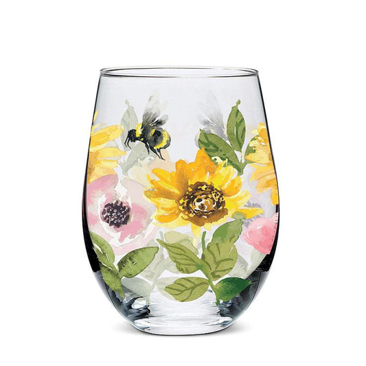 Sunflowers And Bees Stemless Wine Glass