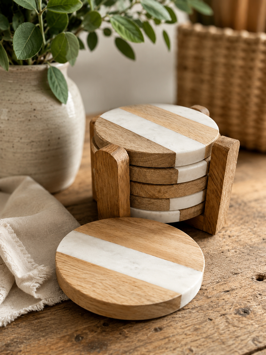 Marble & Wood -Coasters Set of 5,
