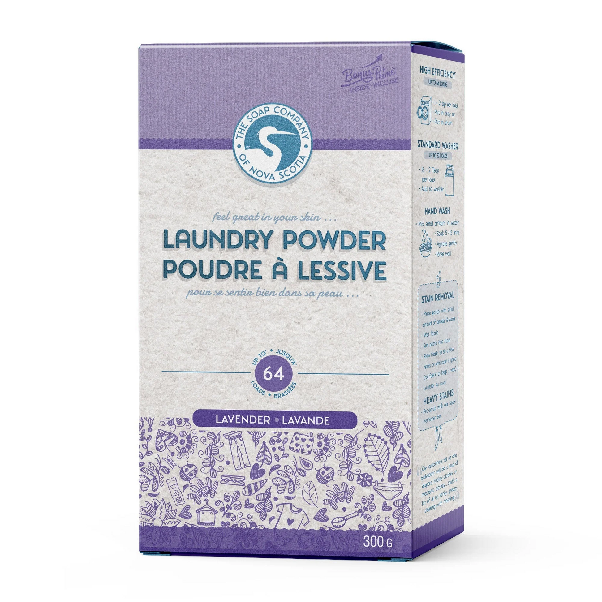A box of laundry powder with branding and text indicating it is a natural cleaning product with citrus scent.