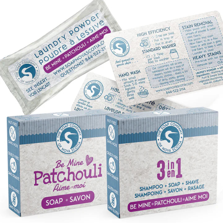 Laundry powder packets and soap packaging with branding on a white background