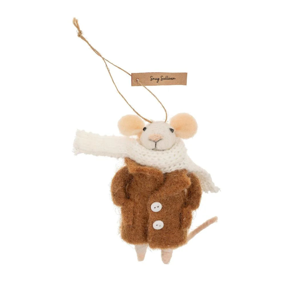 A felt ornament in the shape of a mouse wearing a brown coat and a beige hat, with a label attached to the top.