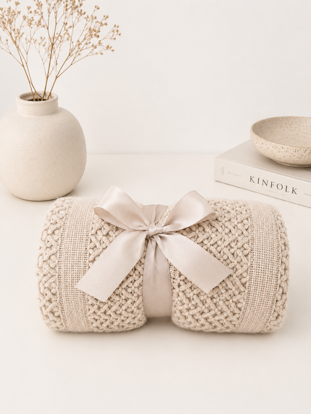 A rolled cream-colored knit blanket with a matching satin ribbon bow, styled on a white surface with a ceramic vase, dried stems, and a book in the background.
