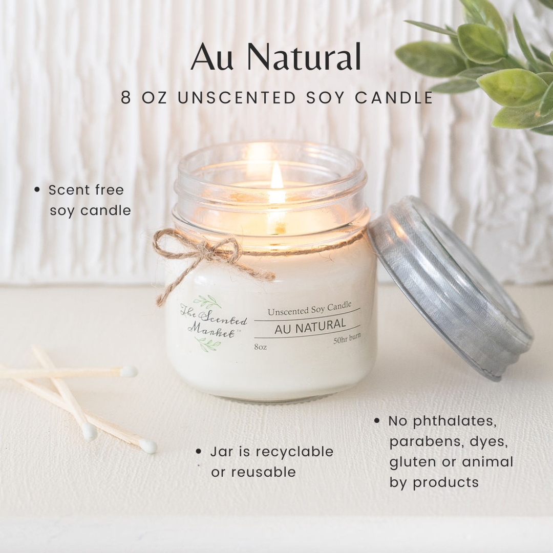 Unscented soy candle in a glass jar with a wooden wick, on a white surface with text about the product.