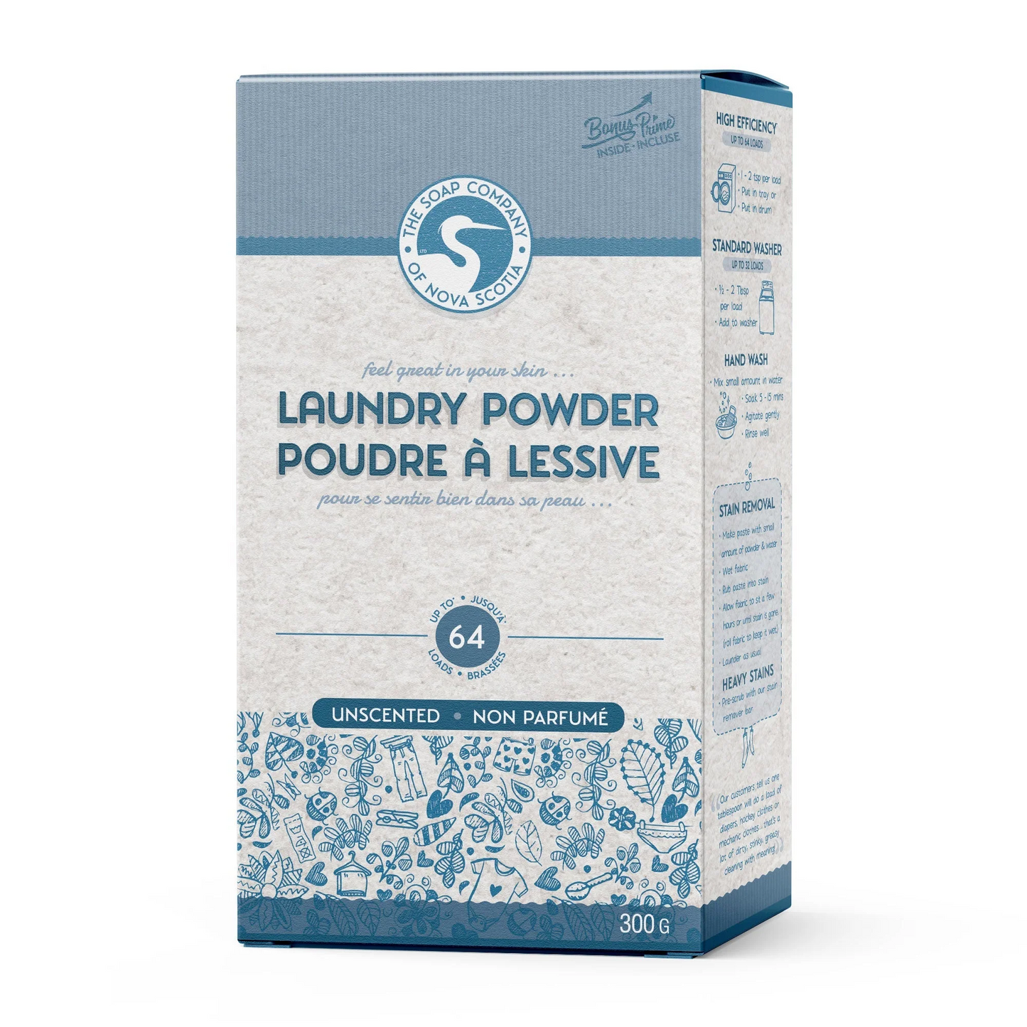 A box of laundry powder with branding and text indicating it is a natural cleaning product with citrus scent.