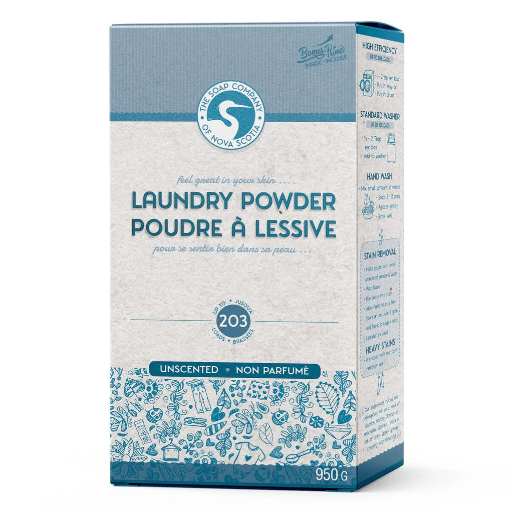 A box of laundry powder with branding and text indicating it is a natural cleaning product with citrus scent.